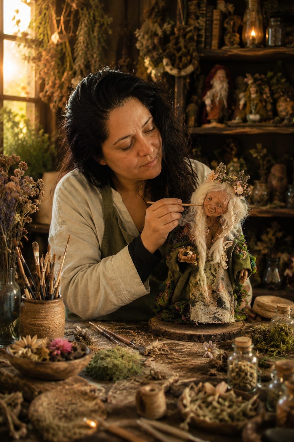 Dali Palacios trabajando en su atelier, pintando una escultura de hada entre botánicos secos y luz de vela